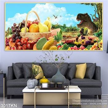 Tranh trái cây và khủng long trang trí bếp