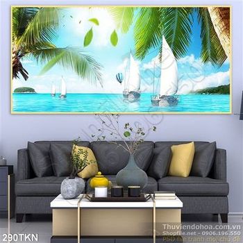 Tranh du thuyền và cây dừa trang trí phòng đẹp