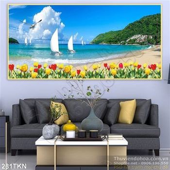 Tranh bãi biển và hoa tulip