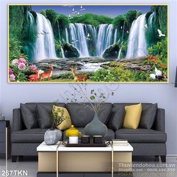 Tranh thác nước và đôi nai phong thủy