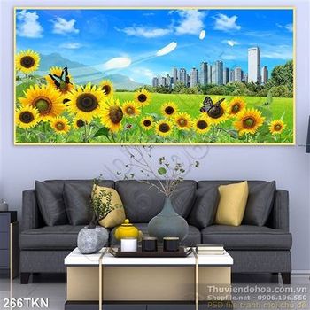 Tranh hoa hướng dương và thành phố hiện đại