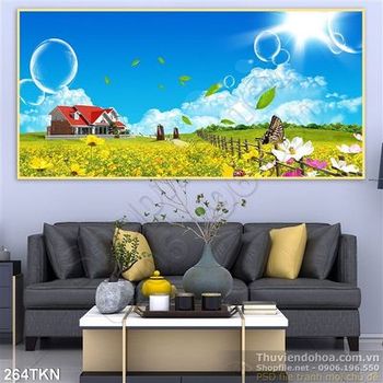 Tranh cánh đồng hoa hồ điệp và biệt thự