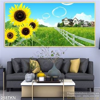 Tranh hoa hướng dương và biệt thự