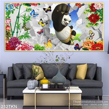 Tranh hoa mẫu đơn và gấu panda treo tường đẹp