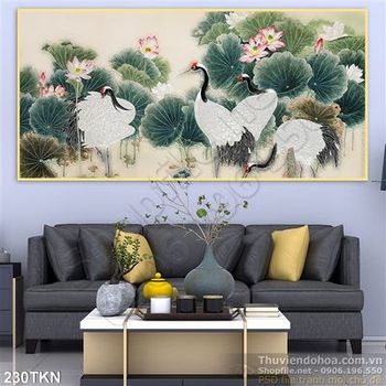 Tranh sơn dầu chim Hạc và hoa Sen đẹp nhất