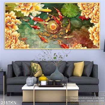 Tranh hoa mẫu đơn và cá chép