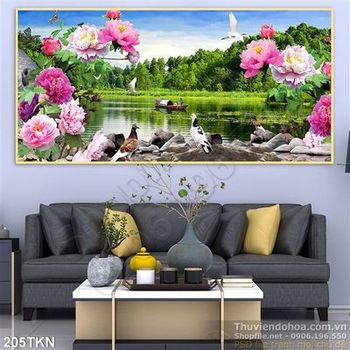 Tranh hoa mẫu đơn và sông núi trang trí
