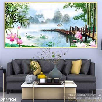 Tranh hồ thiên nga và hoa Sen đẹp nhất