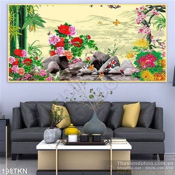 Tranh cây tre và hoa mẫu đơn đẹp