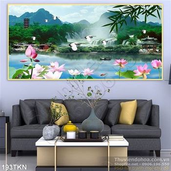 Tranh phong cảnh hữu tình và hoa sen