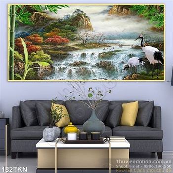 Tranh thác nước và chim Hạc treo tường đẹp