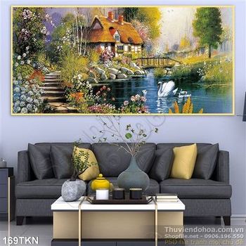 Tranh sơn dầu nhà biệt thự trên sông