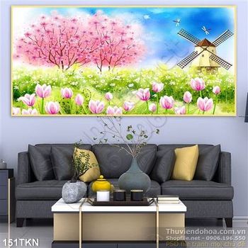 Tranh cây đào và cuối xay gió đẹp nhất