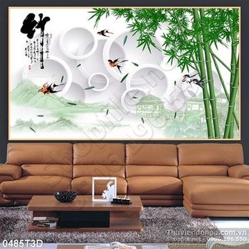 Tranh 3D trúc và chim én thư pháp