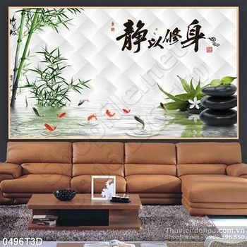Tranh 3D tre và hồ cá phong thủy