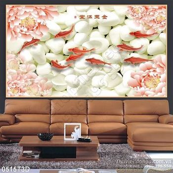 Tranh 3D cá và mẫu đơn cổ điển