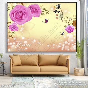 Tranh 3D hoa hồng nền vàng cổ điển