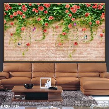 Tranh 3D hoa hồng leo tường