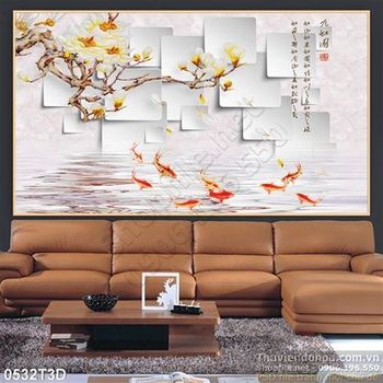 Tranh 3D cá và hoa cổ điển