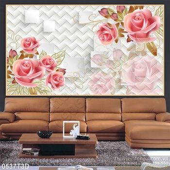Tranh 3D hoa hồng nền hoa văn treo tường