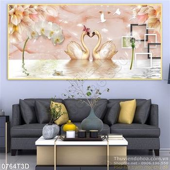 Tranh 3D đôi thiên nga màu cam