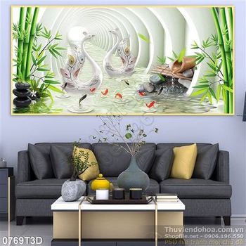 Tranh 3D trúc và hồ thiên nga