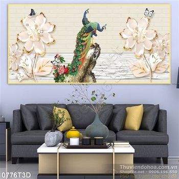 Tranh 3D chim công và sen cổ điển