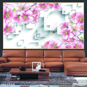 Tranh 3D hoa đào treo tường trang trí