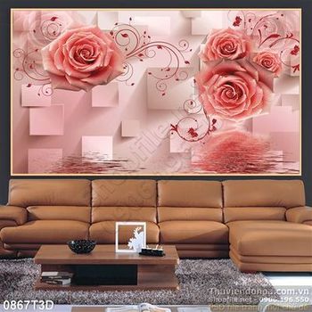 Tranh 3D hoa hồng nền gạch trang trí