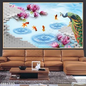 Tranh 3D hoa đào và chim công trang trí