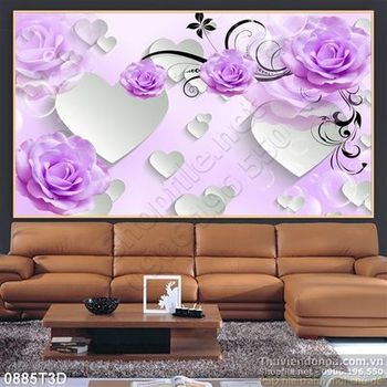 Tranh 3D hoa hồng tím treo tường trang trí