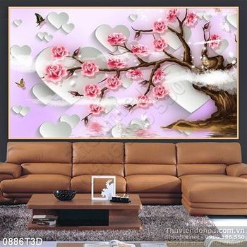 Tranh 3D hoa đào treo tường trang trí