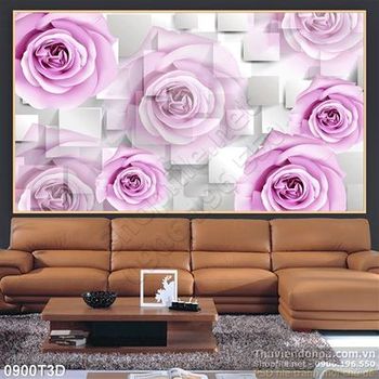 Tranh 3D hoa hồng nền gạch trang trí