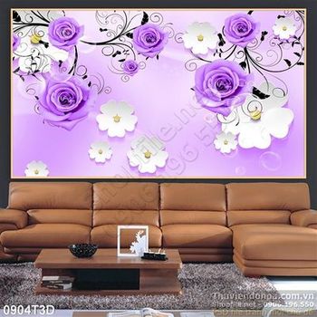 Tranh 3D hoa hồng tím treo tường trang trí