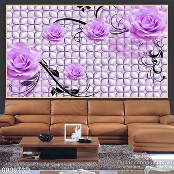 Tranh 3D hoa hồng tím nền gạc treo tường