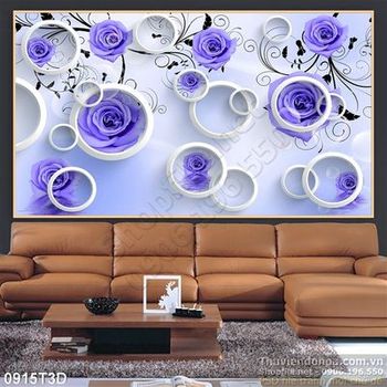Tranh 3D hoa hồng tím treo tường trang trí