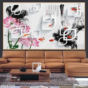 Tranh 3D hoa sen thư pháp