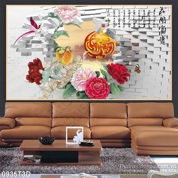 Tranh 3D hoa mẫu đơn trang trí