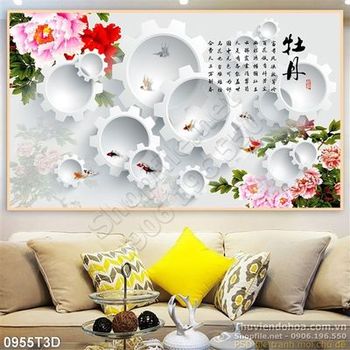 Tranh 3D thư pháp hoa mẫu đơn