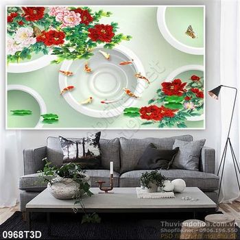 Tranh 3D hoa chép và hoa mẫu đơn