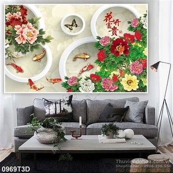 Tranh 3D cá và hoa treo tường