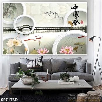 Tranh 3D thư pháp cá và hoa sen