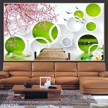 Tranh 3D hoa đào trang trí tường nội thất