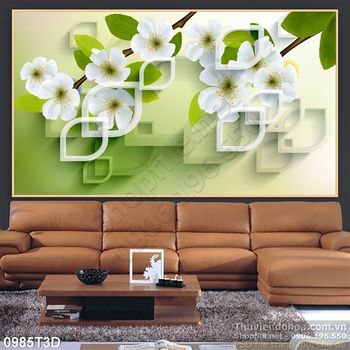 Tranh 3D hoa trang trí nền xanh lá