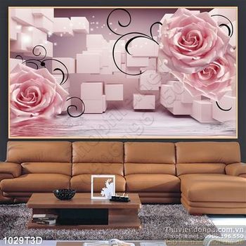 Tranh 3D hoa hồng nền hồng  trang trí nội thất