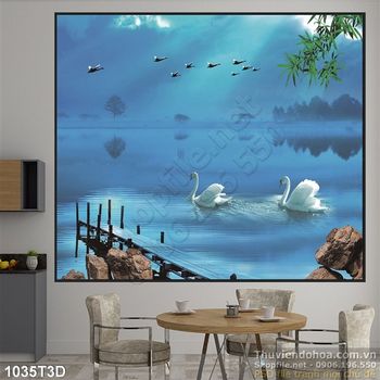 Tranh 3D hồ thiên nga về đêm