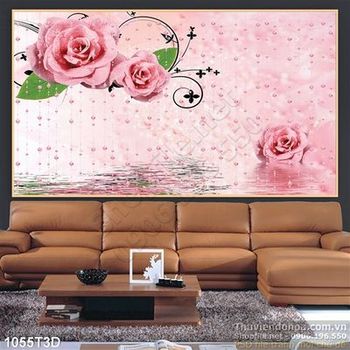 Tranh 3D hoa hồng nền hồng trang trí