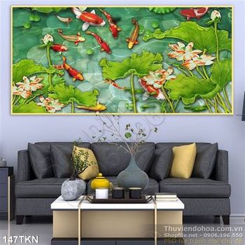 Tranh hoa Sen cá chép và cá Koi