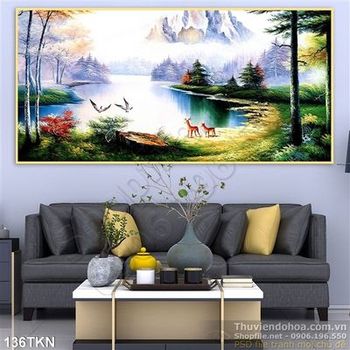 Tranh sơn dầu đôi hươu và cảnh núi đẹp