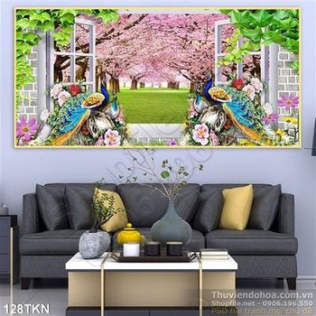 Tranh rừng đào và đôi công đẹp